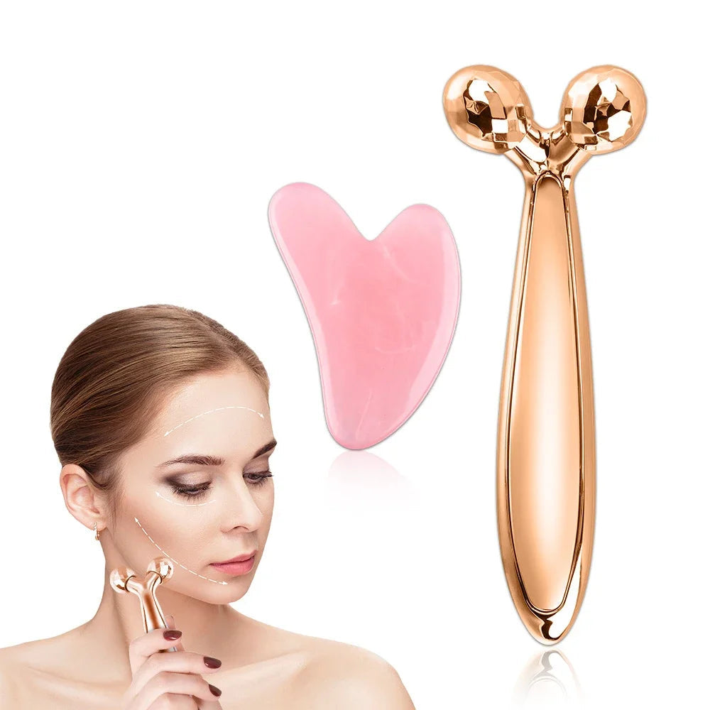 Y-Shape 3D Roller Face & Neck Massager with Guasha Scraper